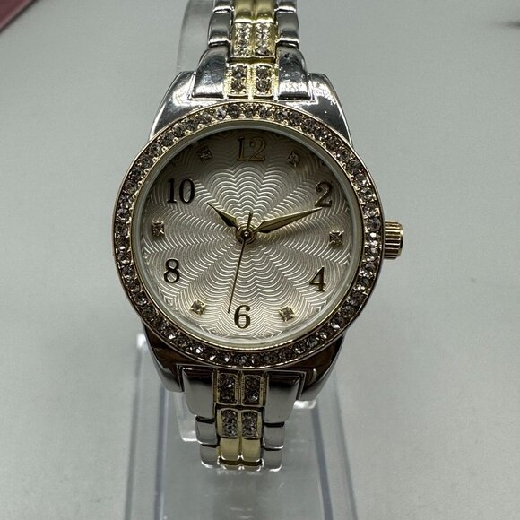 Crystal Bezel Watch Women Silver Gold Two Tone Scallop Print Dial 7.75 Inch - Picture 1 of 12